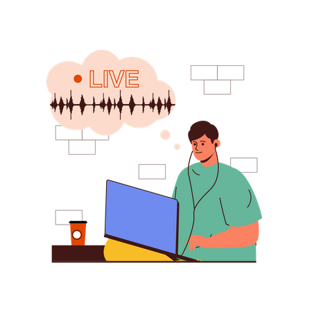 Man listening live podcasting  Illustration