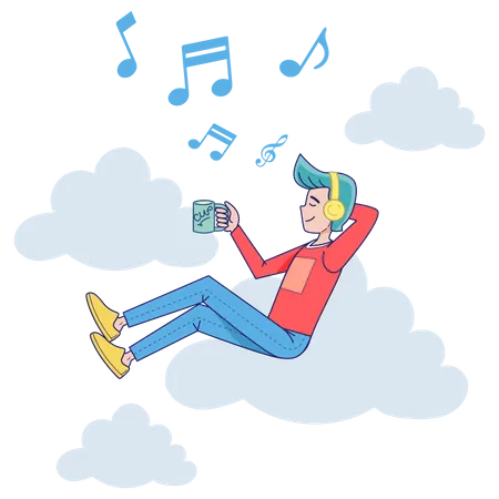 Big Isolated Man Listening To Music On Headphone Connected To Cloud Server With Coffee Vector Illustration Cartoon Character With Light Background Illustration