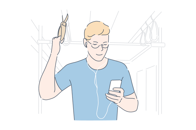 Man listening music in train journey  Illustration