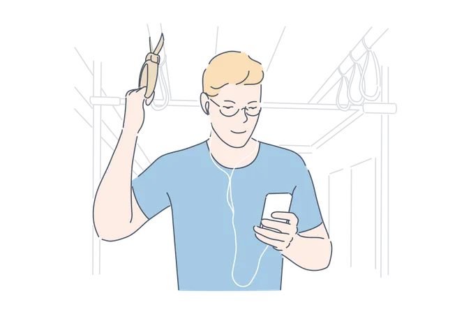 Man listening music in train journey  Illustration