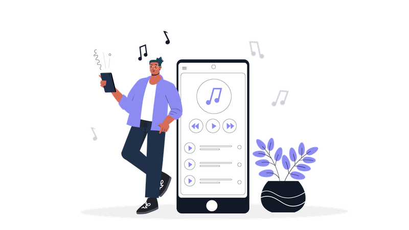 Man listening music on mobile  Illustration