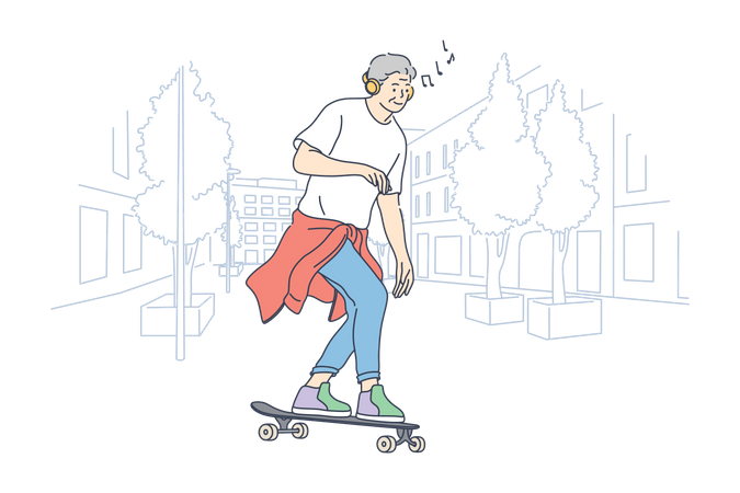 Man listening music on skateboard  イラスト