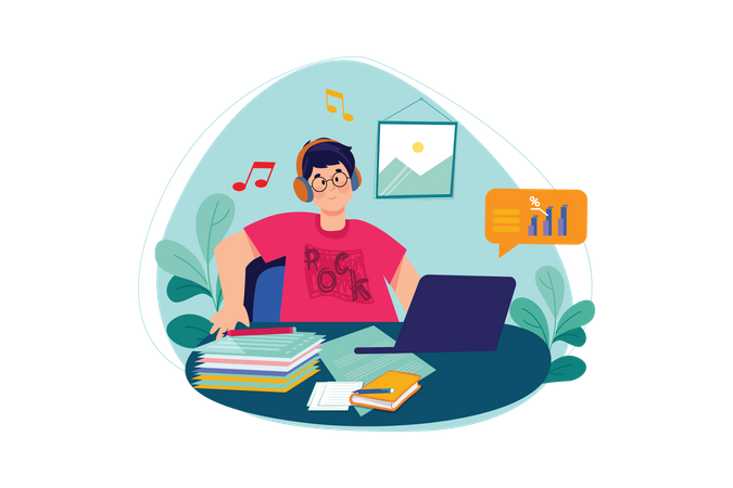 Man Listening music while doing work from home Illustration
