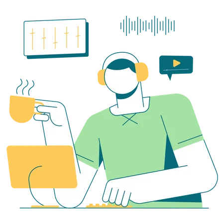 Man listening music while drinking coffee  Illustration