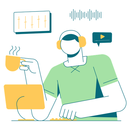 Man listening music while drinking coffee  Illustration