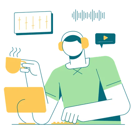 Man listening music while drinking coffee  Illustration