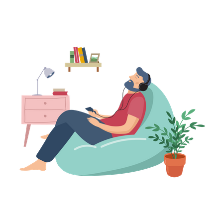 Man listening music while sitting on beanbag Illustration