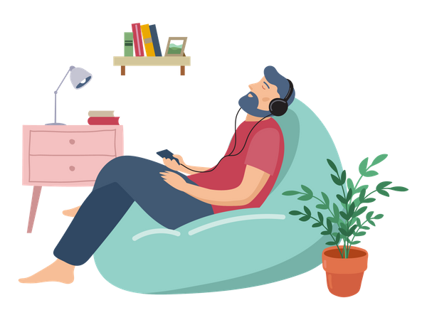 Man listening music while sitting on beanbag  Illustration