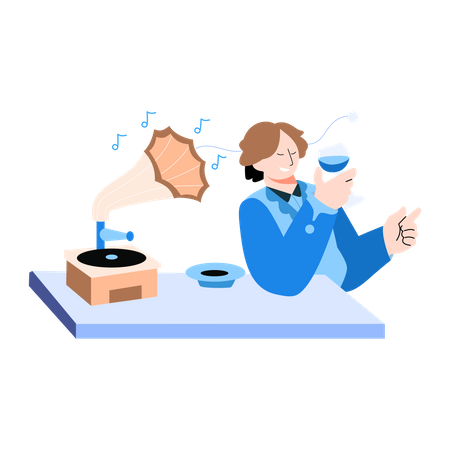 Man listening on Gramophone  Illustration