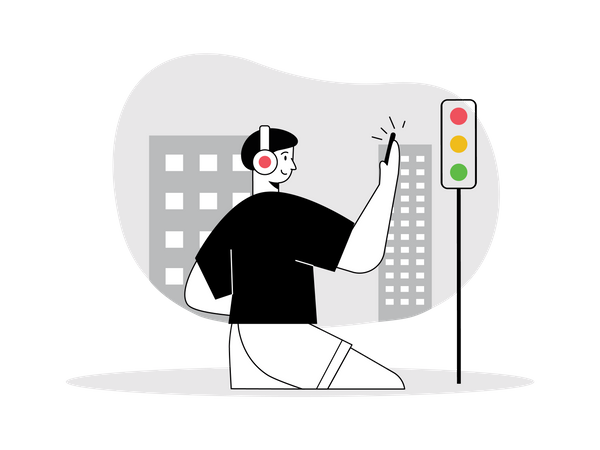 Man listening podcast at traffic signal  Illustration