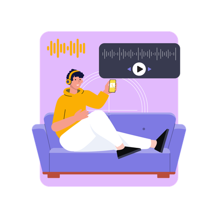 Man listening podcast on sofa  Illustration