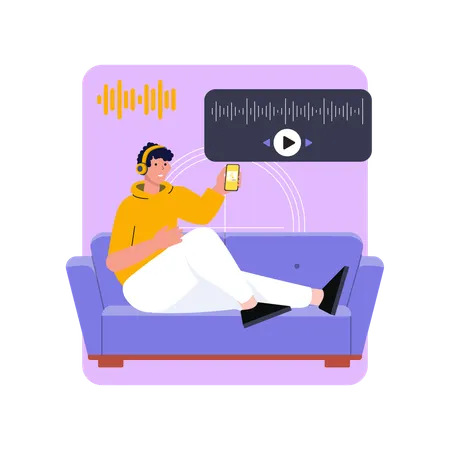 Man listening podcast on sofa  Illustration