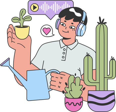 Man listening podcast while watering plant  Illustration