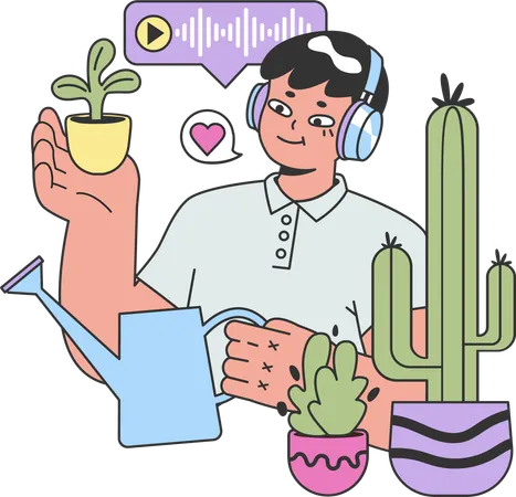 Man listening podcast while watering plant  Illustration
