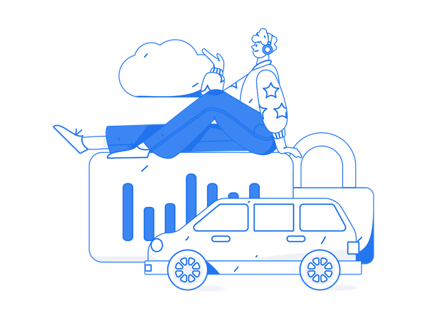 Man listening song using headset while showing business analysis report  Illustration