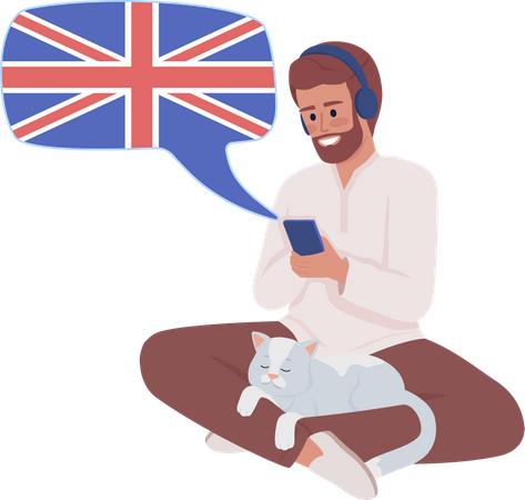 Man listening to audio british english course Illustration