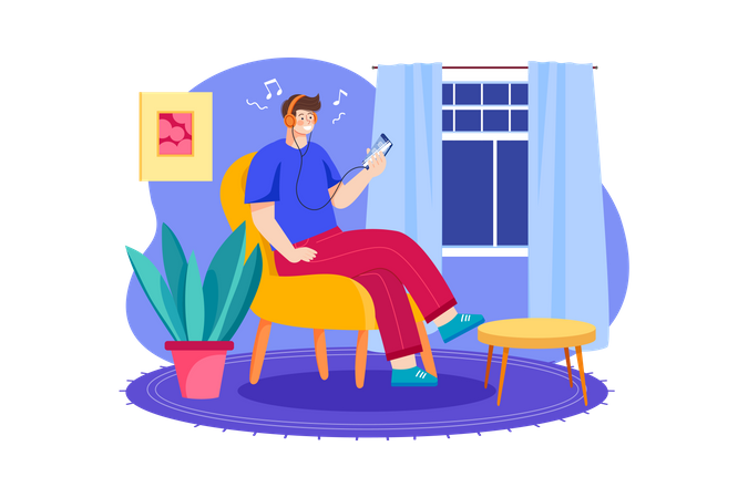 Man listening to music on earphones using mobile phone  Illustration