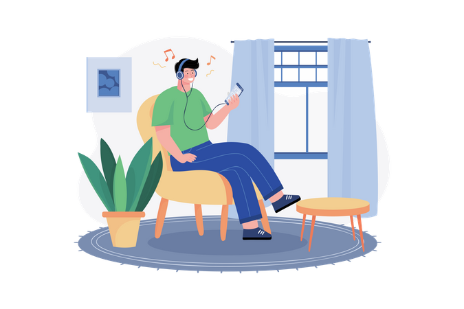 Man listening to music on earphones using mobile phone  Illustration