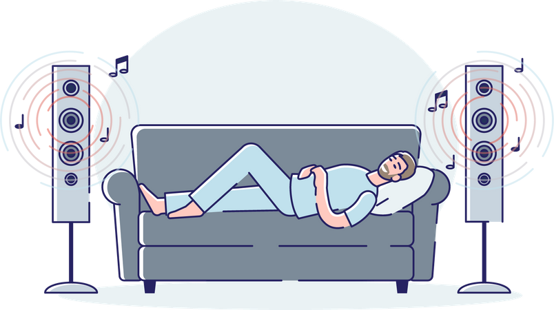 Man listening to music while sleeping on couch  Illustration