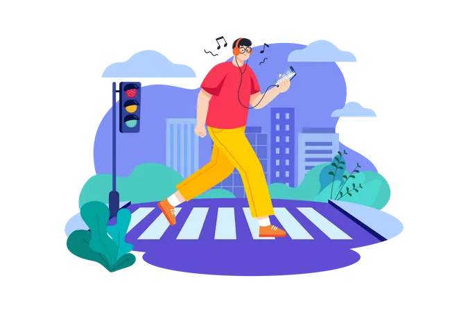 Man listening to music while walking Illustration