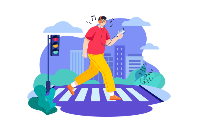 Man listening to music while walking  Illustration