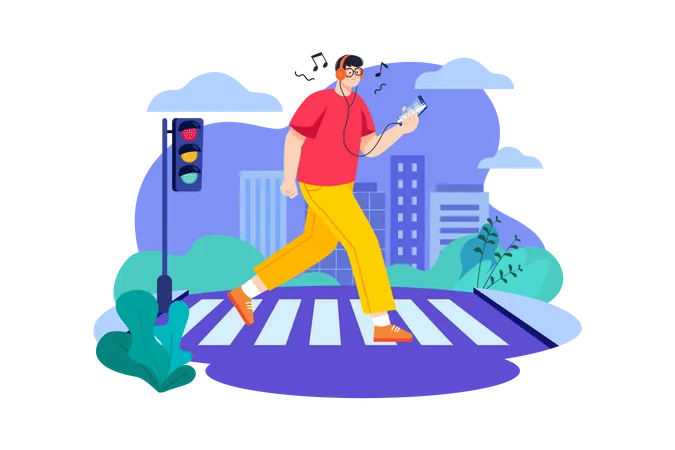 Man listening to music while walking  Illustration