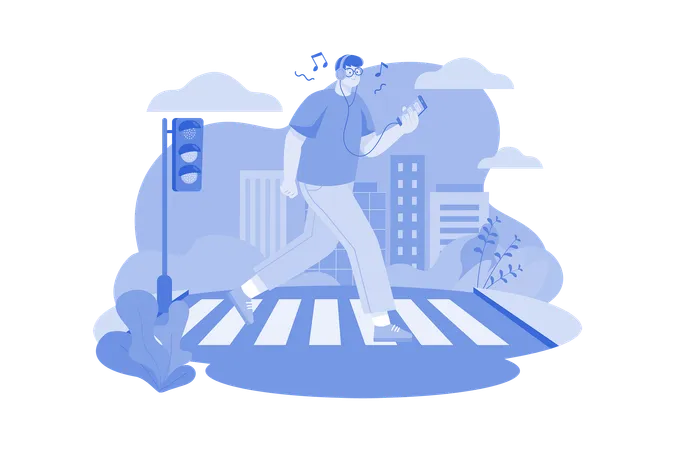 Man listening to music while walking  Illustration