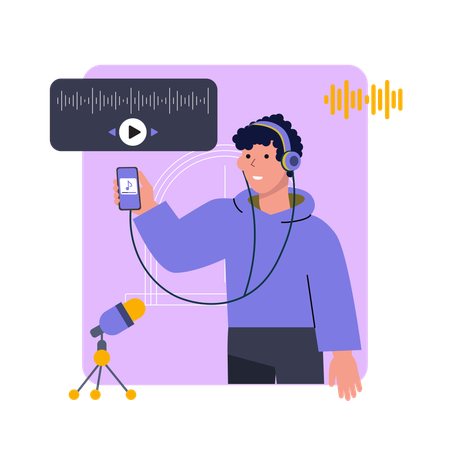 ポッドキャストを聴いている男性  イラスト
