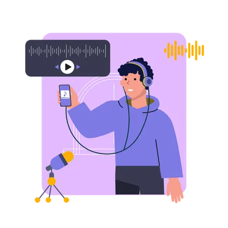 ポッドキャストを聴いている男性  イラスト
