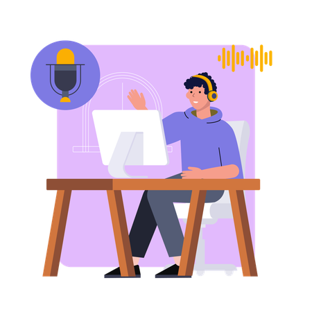 ポッドキャストを聴いている男性  イラスト