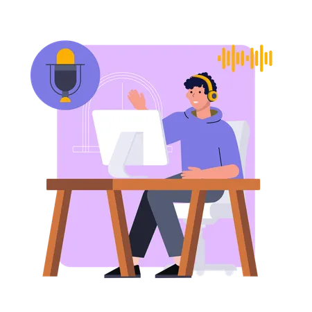 ポッドキャストを聴いている男性  イラスト