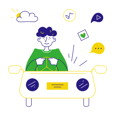 Man listening to podcast in car  Illustration