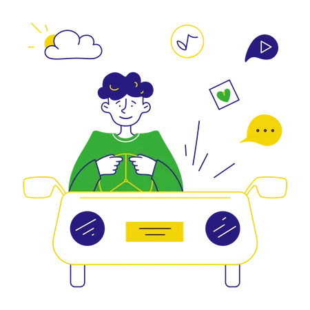 Man listening to podcast in car  Illustration