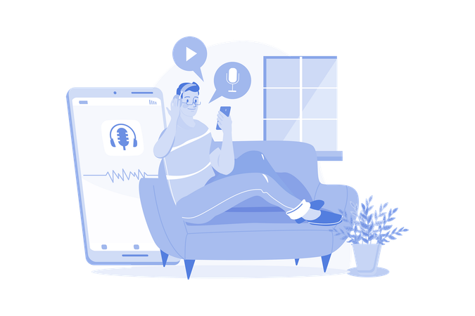 Man listening to podcast while relaxing on a couch  Illustration