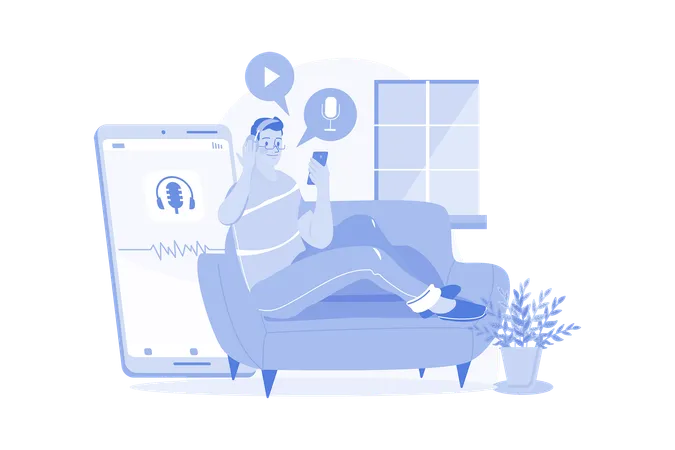 Man listening to podcast while relaxing on a couch  Illustration