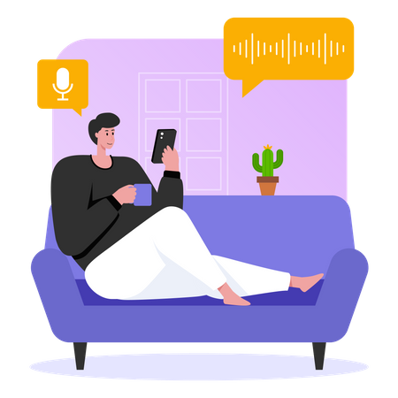 Man listening to podcast while sitting on couch  Illustration