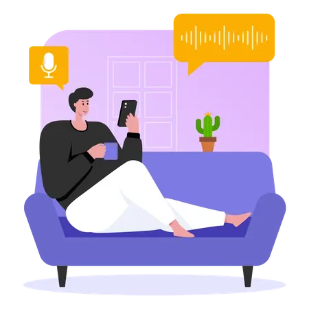 Man listening to podcast while sitting on couch  Illustration