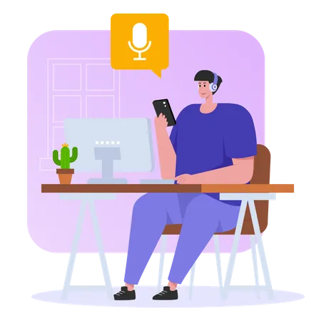 Man listening to podcast while working Illustration