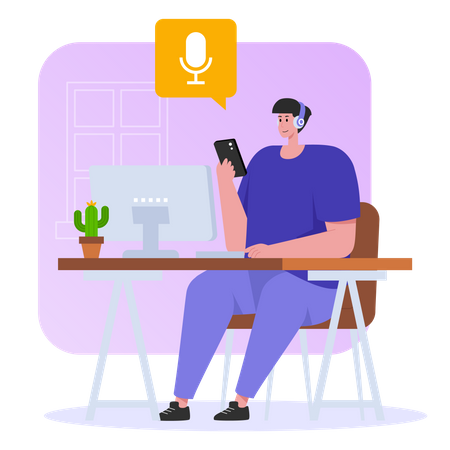 Man listening to podcast while working  Illustration