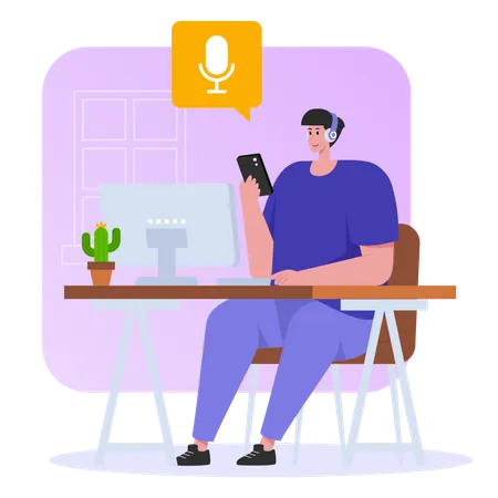 Man listening to podcast while working  Illustration