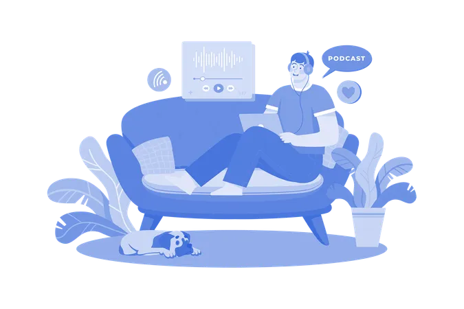 Man Listening To The Podcast While Sitting On A Couch Illustration