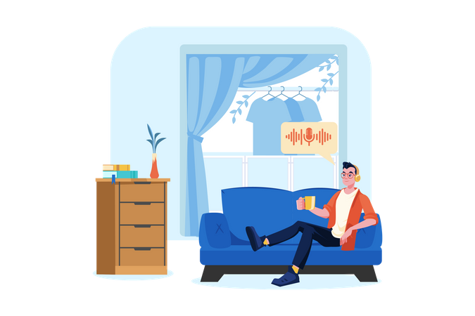 Man listening to the podcast while sitting on a couch Illustration