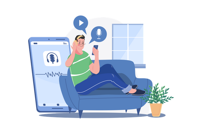 Man listening to the podcast while sitting on a couch Illustration