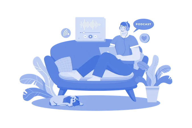 Man Listening To The Podcast While Sitting On A Couch  Illustration