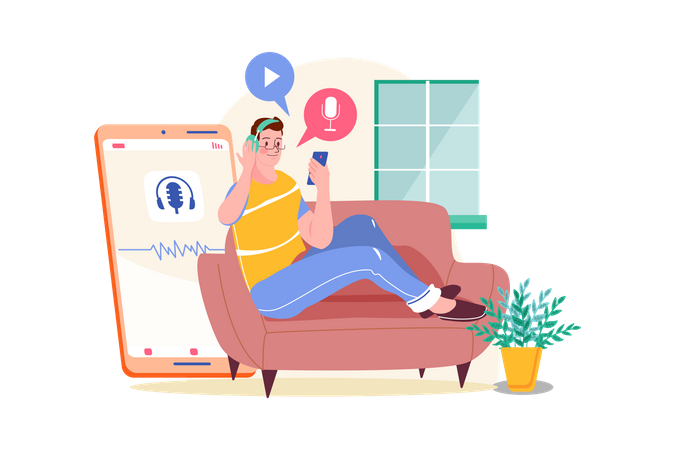 Man listening to the podcast while sitting on a couch  Illustration