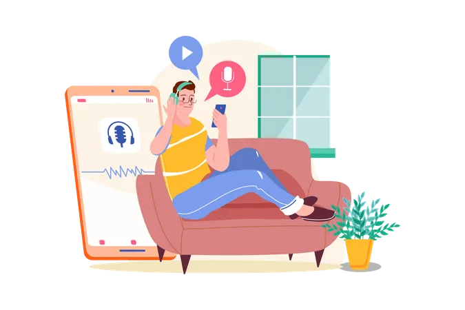 Man listening to the podcast while sitting on a couch  Illustration