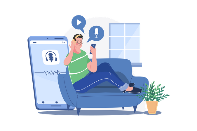 Man listening to the podcast while sitting on a couch  Illustration