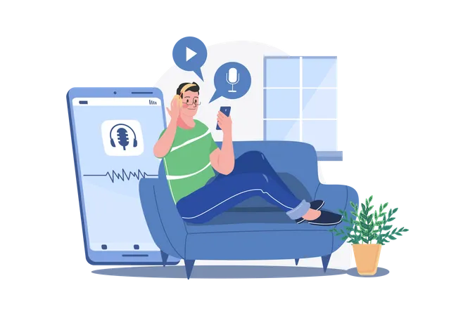 Man listening to the podcast while sitting on a couch  Illustration