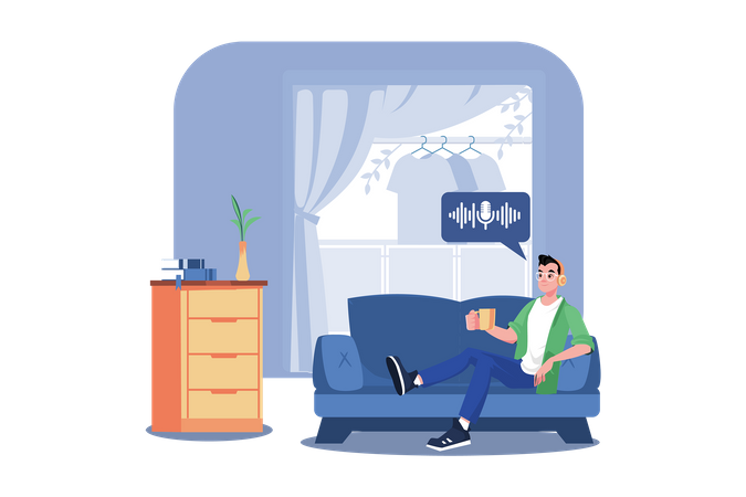 Man Listening To The Podcast While Sitting On A Couch  Illustration