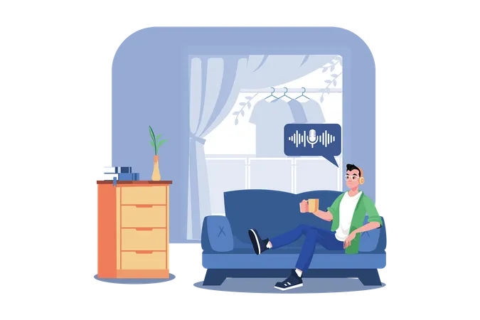 Man Listening To The Podcast While Sitting On A Couch  Illustration